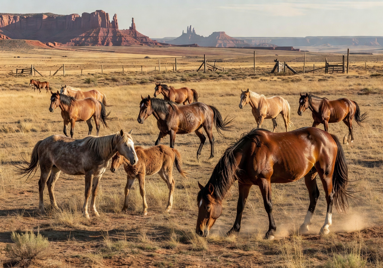 Wild digital stallions running free across the wide rolling canyon plains