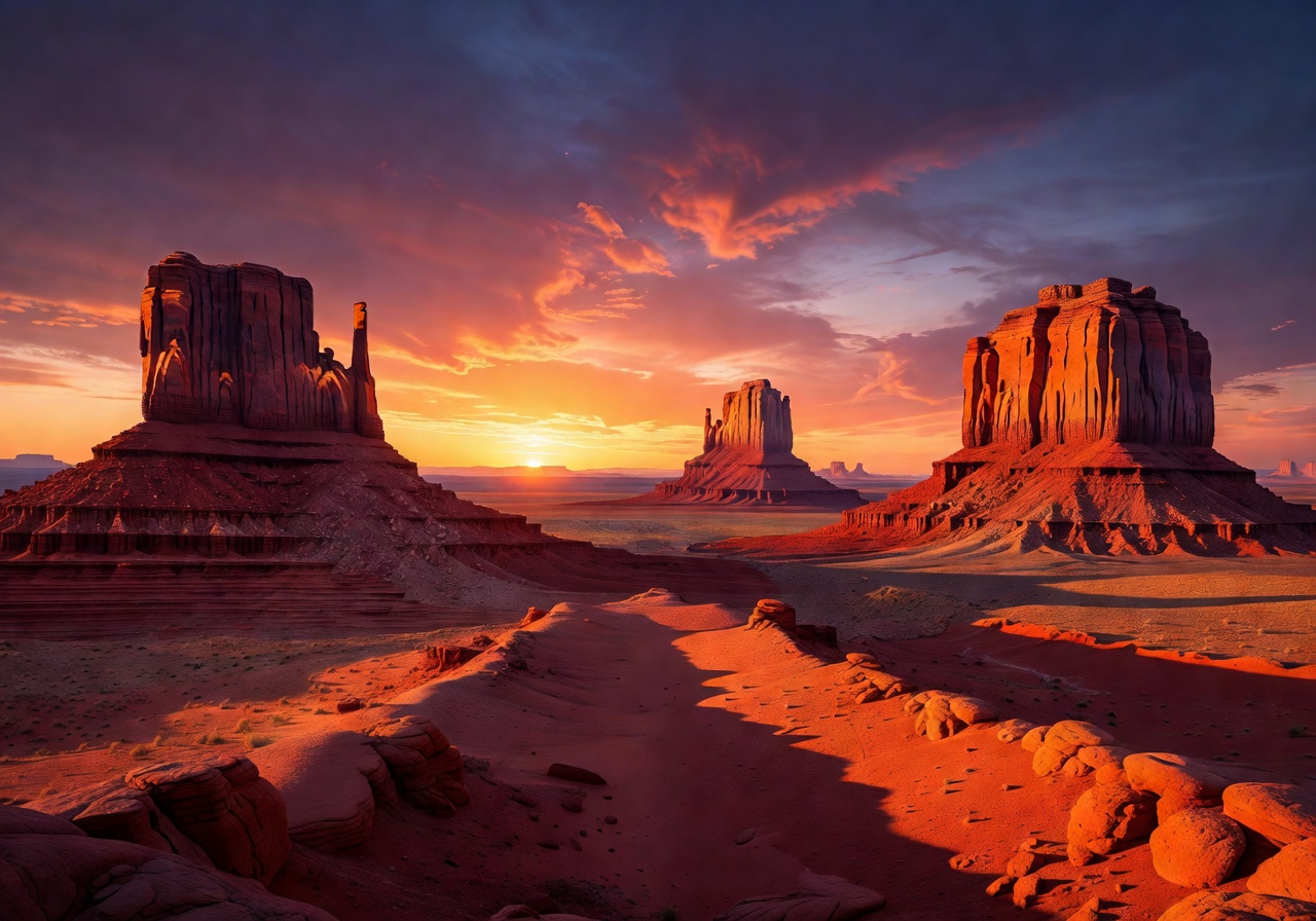 A beautiful pixel sunset painting the giant spires of Monument Valley crimson